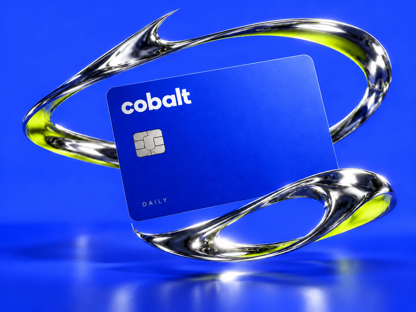 A Cobalt blue card floating through a polished chrome loop